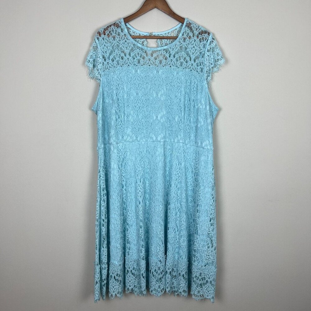 Lane Bryant Dress 22 Aqua Blue Lace A-Line Cap Sleeveless Knee Length Feminine
